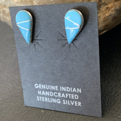 Blue Turquoise Inlay Zuni Sterling Silver Dangle Post Earrings 0.5" 12753
