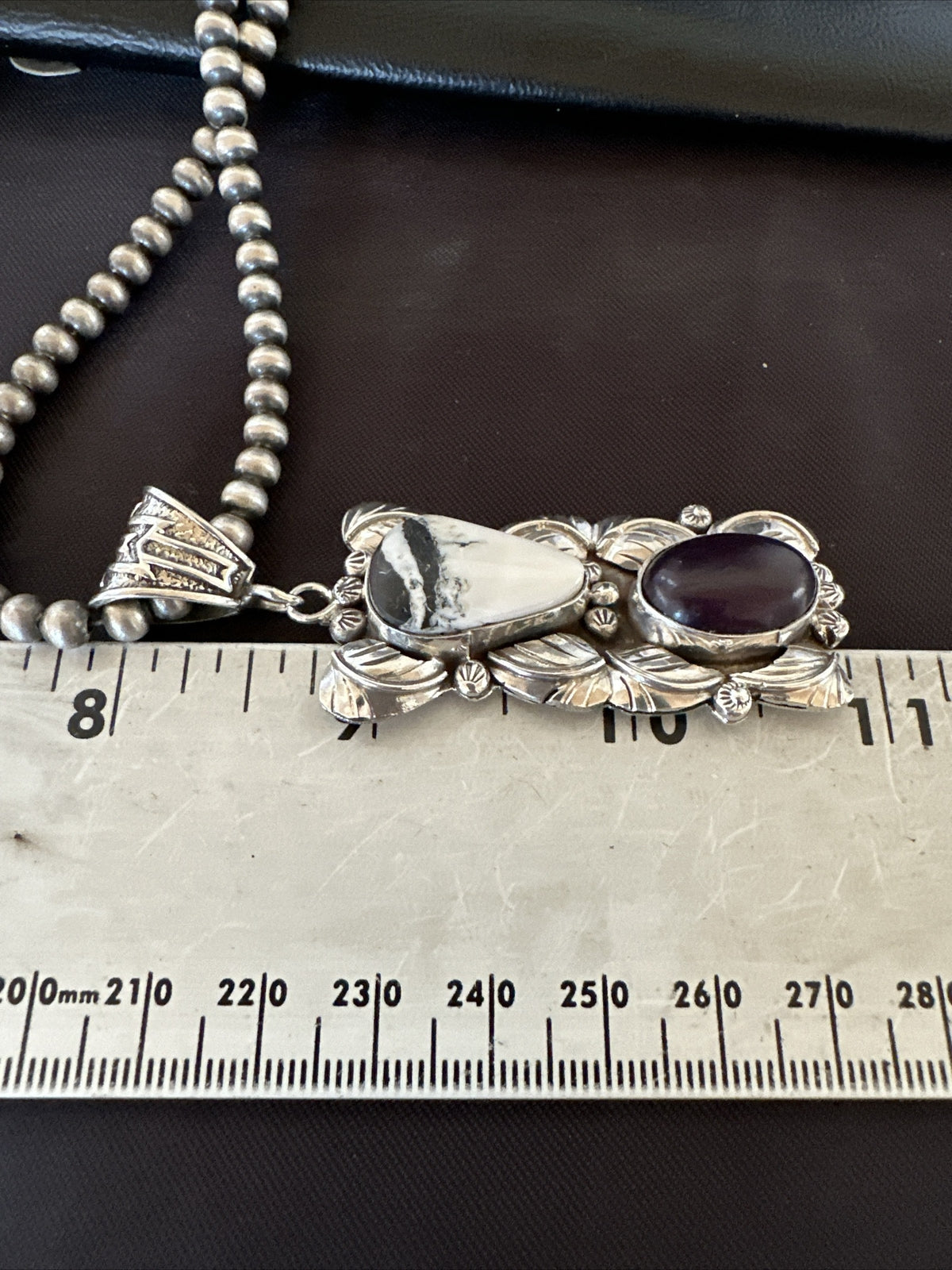 White Buffalo Turquoise  Purple Stone Pendant Navajo Sterling Silver 18036