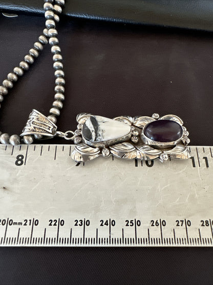 White Buffalo Turquoise  Purple Stone Pendant Navajo Sterling Silver 18036