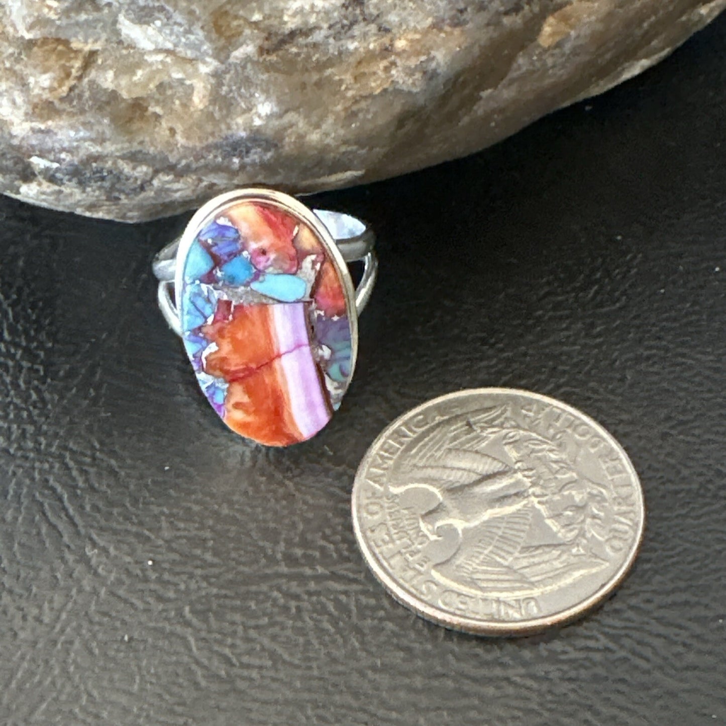 Blue Turquoise Spiny Oyster Southwestern Sterling Silver Ring Size 8 18480