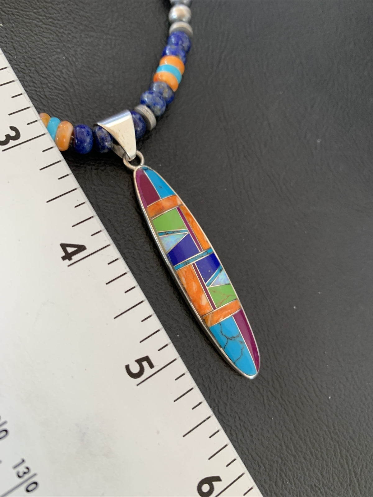 Turquoise & Spiny Oyster Inlay Pendant Navajo Sterling Silver Necklace 11637