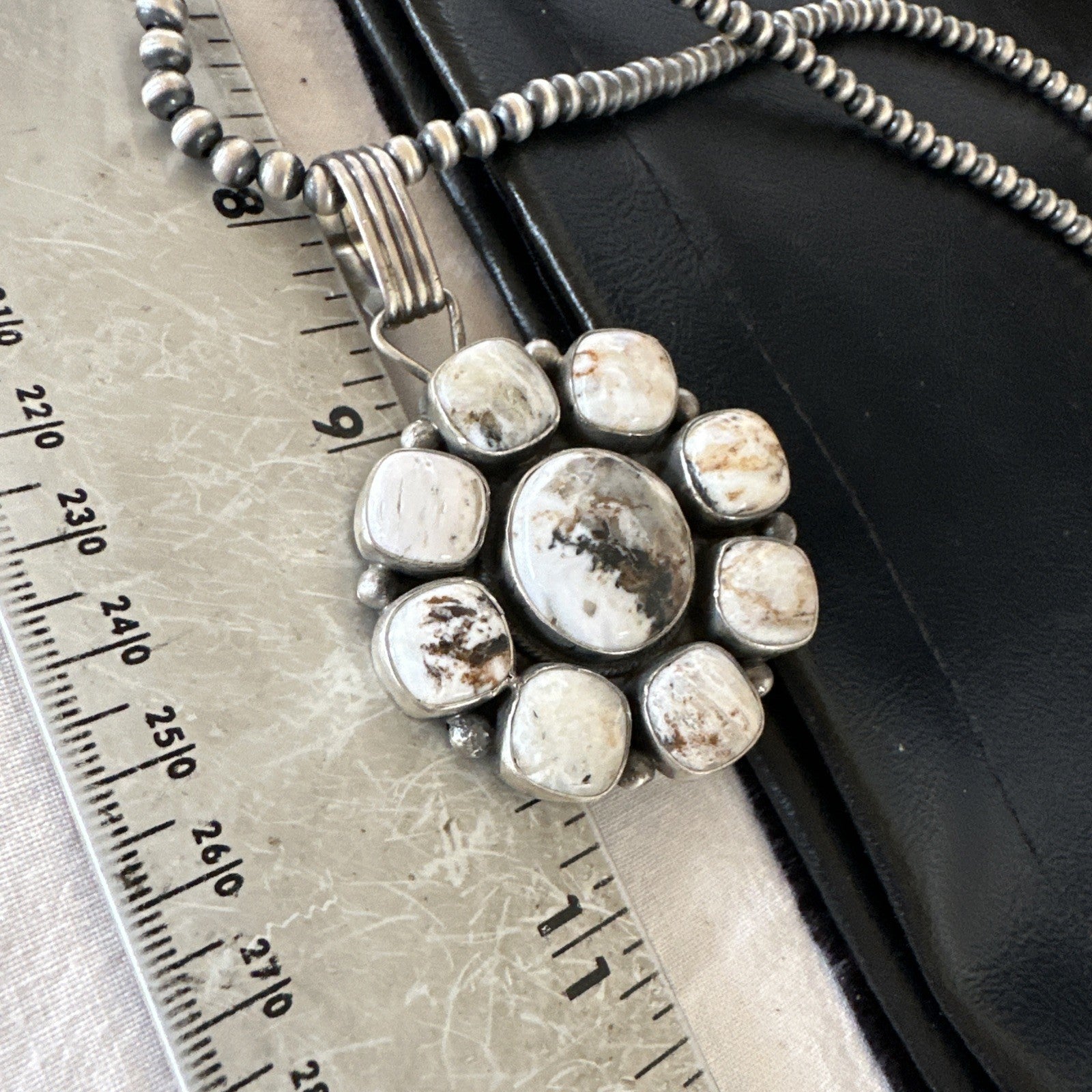 White Buffalo Turquoise Cluster Pendant Navajo Sterling Silver Necklace 19271