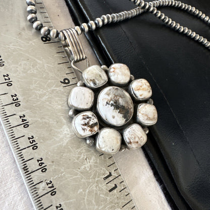 White Buffalo Turquoise Cluster Pendant Navajo Sterling Silver Necklace 19271