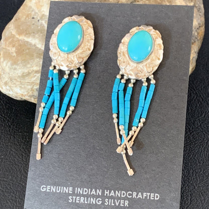 Native Womens Nugget Sterling Silver Blue Turquoise Dangle Earrings 2" 13013