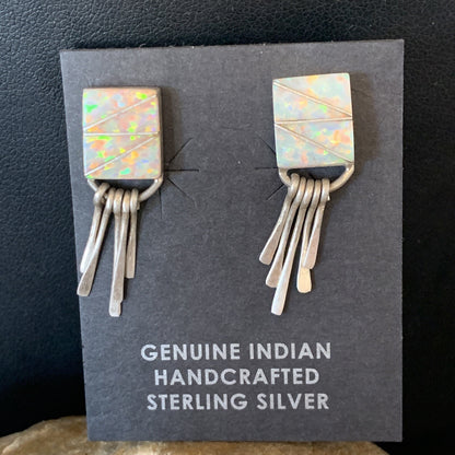 Womens White Opal Inlay Navajo Sterling Silver Dangle Post Earrings 0.5" 12765