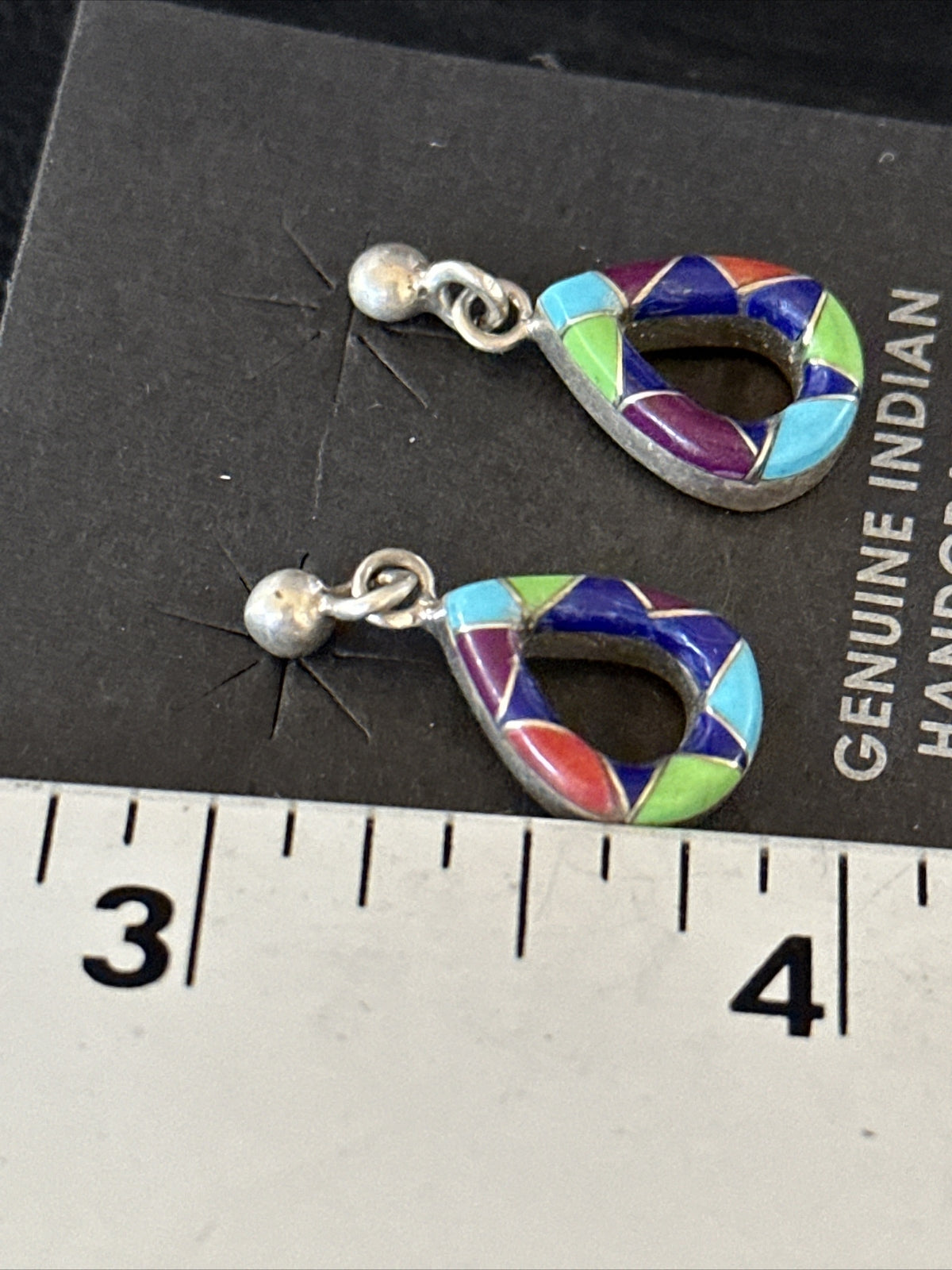 Turquoise Spiny Oyster & Opal Navajo Sterling Silver Inlay Earrings 1” 14411