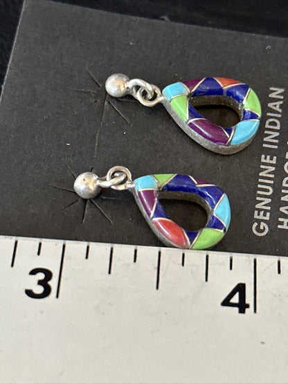 Turquoise Spiny Oyster & Opal Navajo Sterling Silver Inlay Earrings 1” 14411