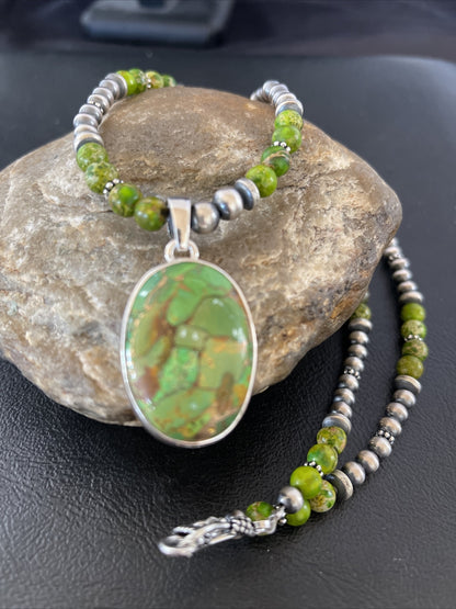 Women Green Mohave Turquoise Pendant Sterling Silver Beads Necklace 10311