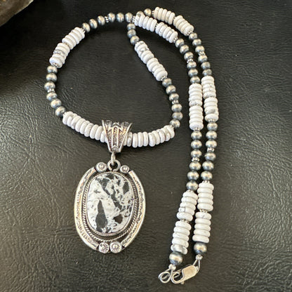White Buffalo Turquoise Pendant Navajo Pearls Sterling Silver Necklace 20” 19499