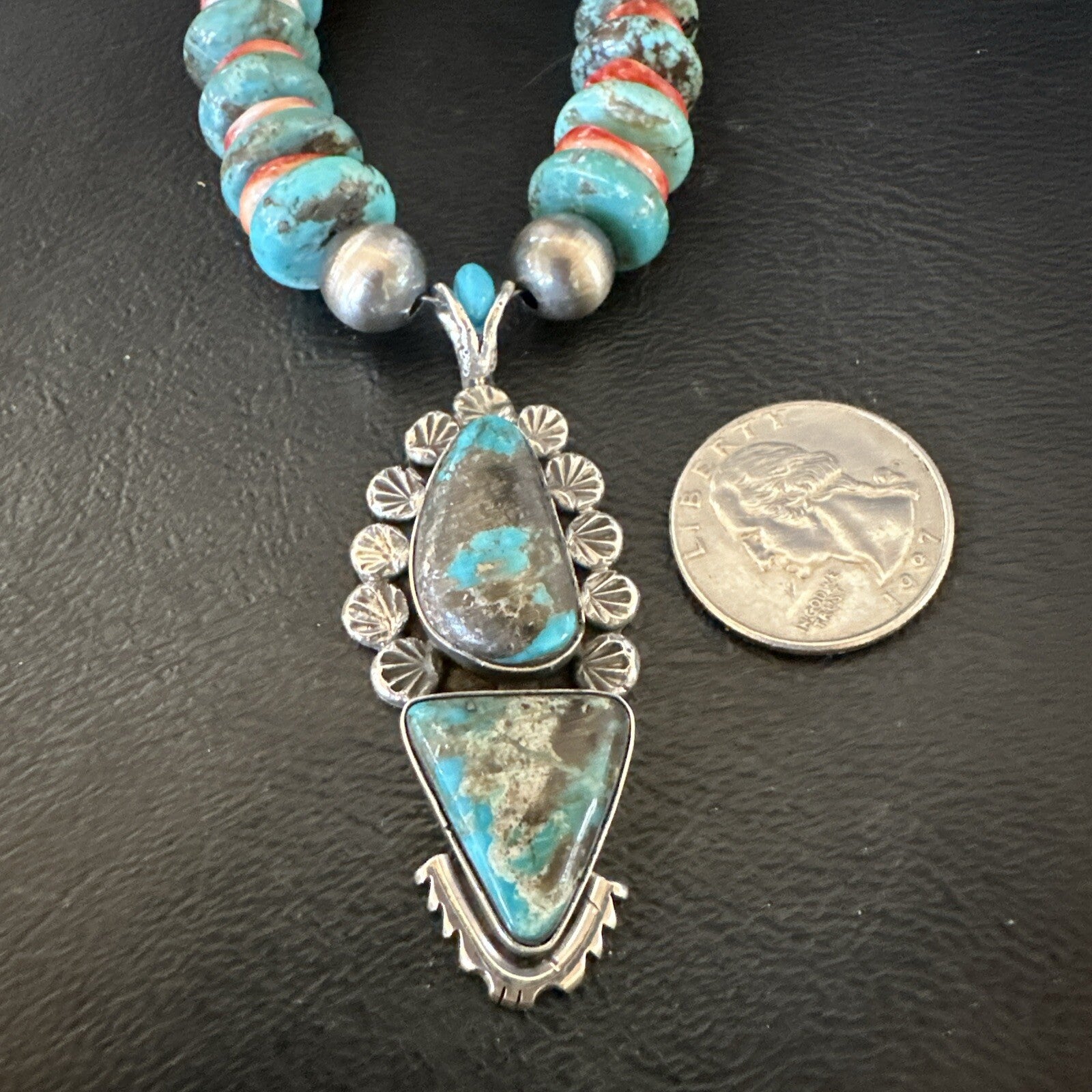 Blue Kingman Turquoise Spiny Navajo Sterling Silver Pendant Necklace 23” 17690