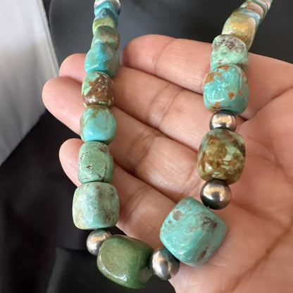 Cube Green Turquoise Navajo Graduated Sterling Silver Necklace 21” 19205