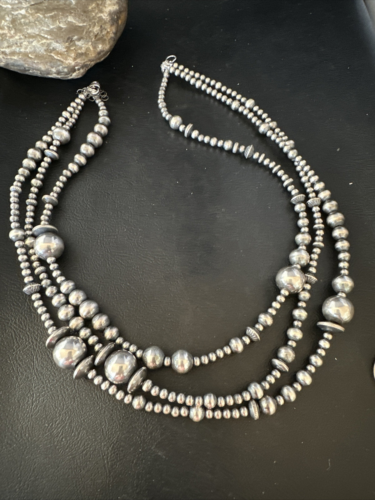 Mixed Bead Bib Sterling Silver Navajo Pearls Necklace 20” 3S 94420