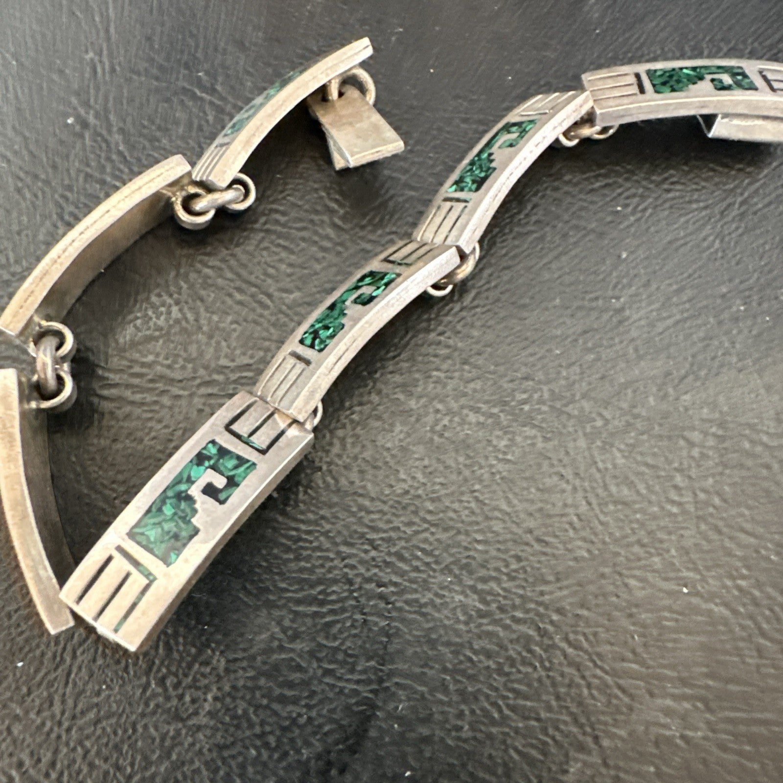 Taxco Turquoise Chip Inlay Sterling Silver Choker Old Pawn Bracelet 7” 19795