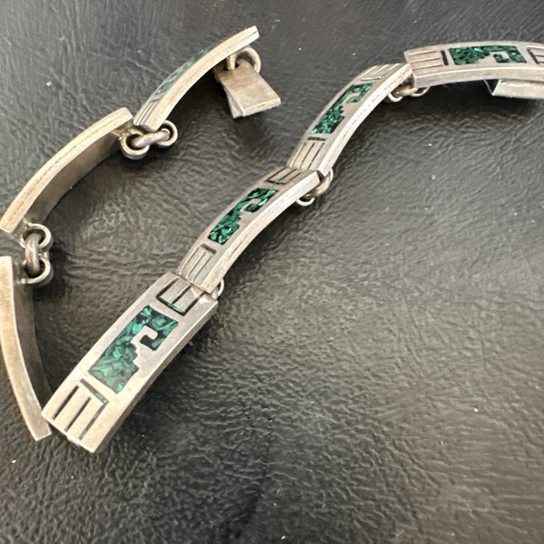 Taxco Turquoise Chip Inlay Sterling Silver Choker Old Pawn Bracelet 7” 19795