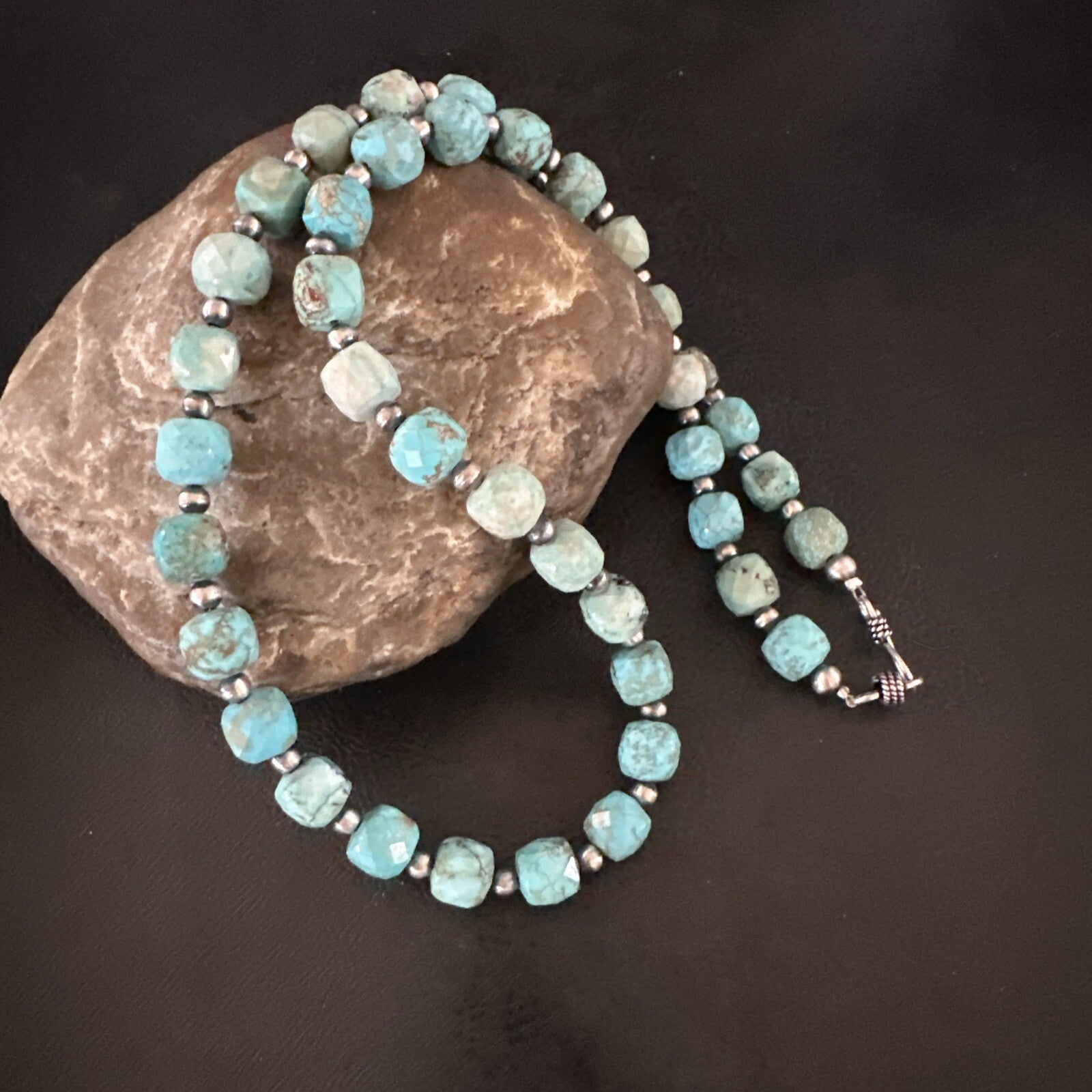 Faceted Blue Turquoise Navajo Sterling Silver Beads Necklace 21” 17727