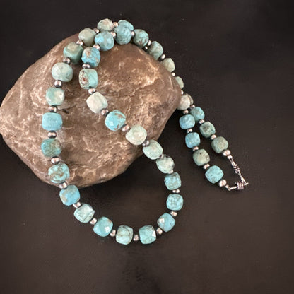Faceted Blue Turquoise Navajo Sterling Silver Beads Necklace 21” 17727
