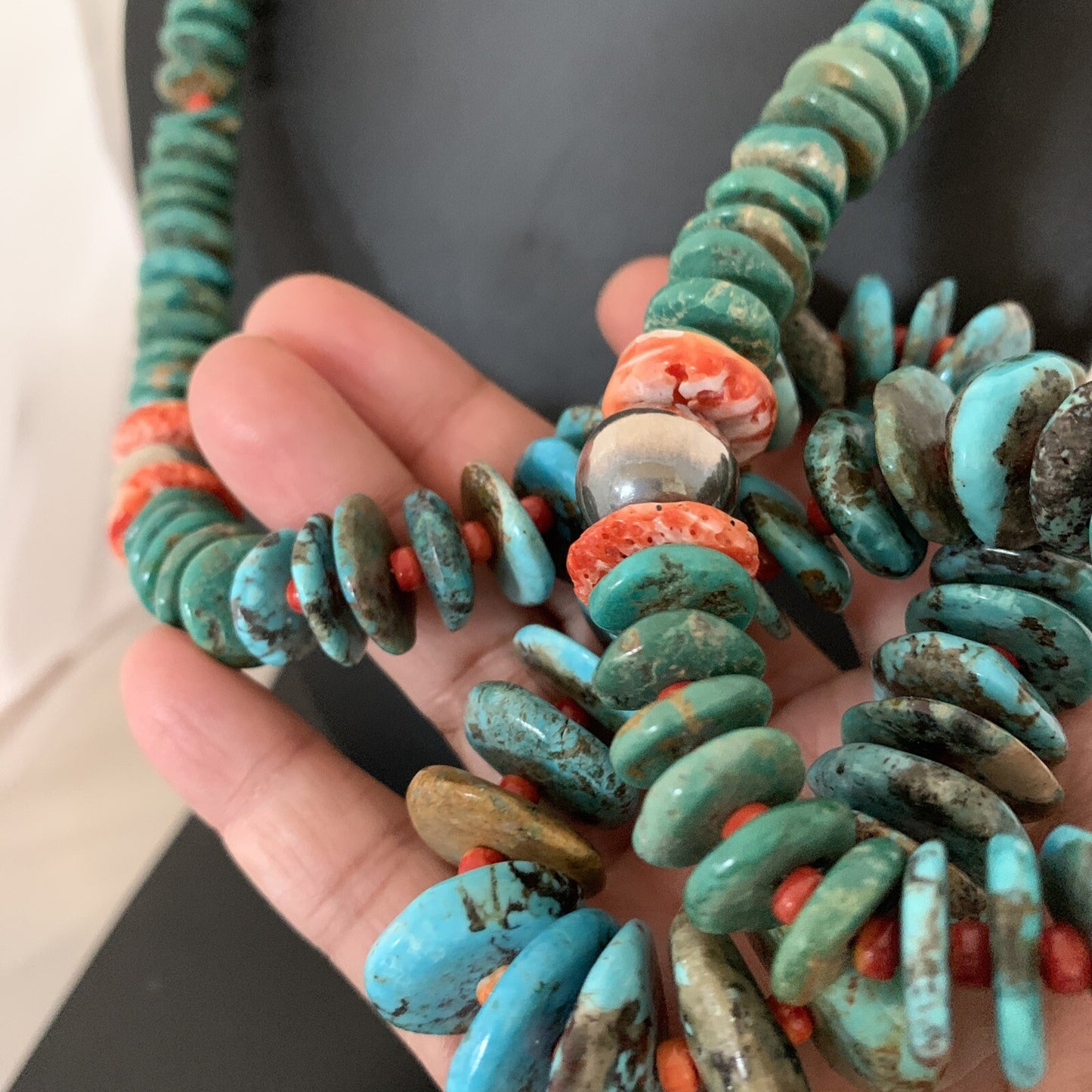 Blue Green Turquoise & Spiny Oyster Navajo Sterling Silver Necklace 28" 01671