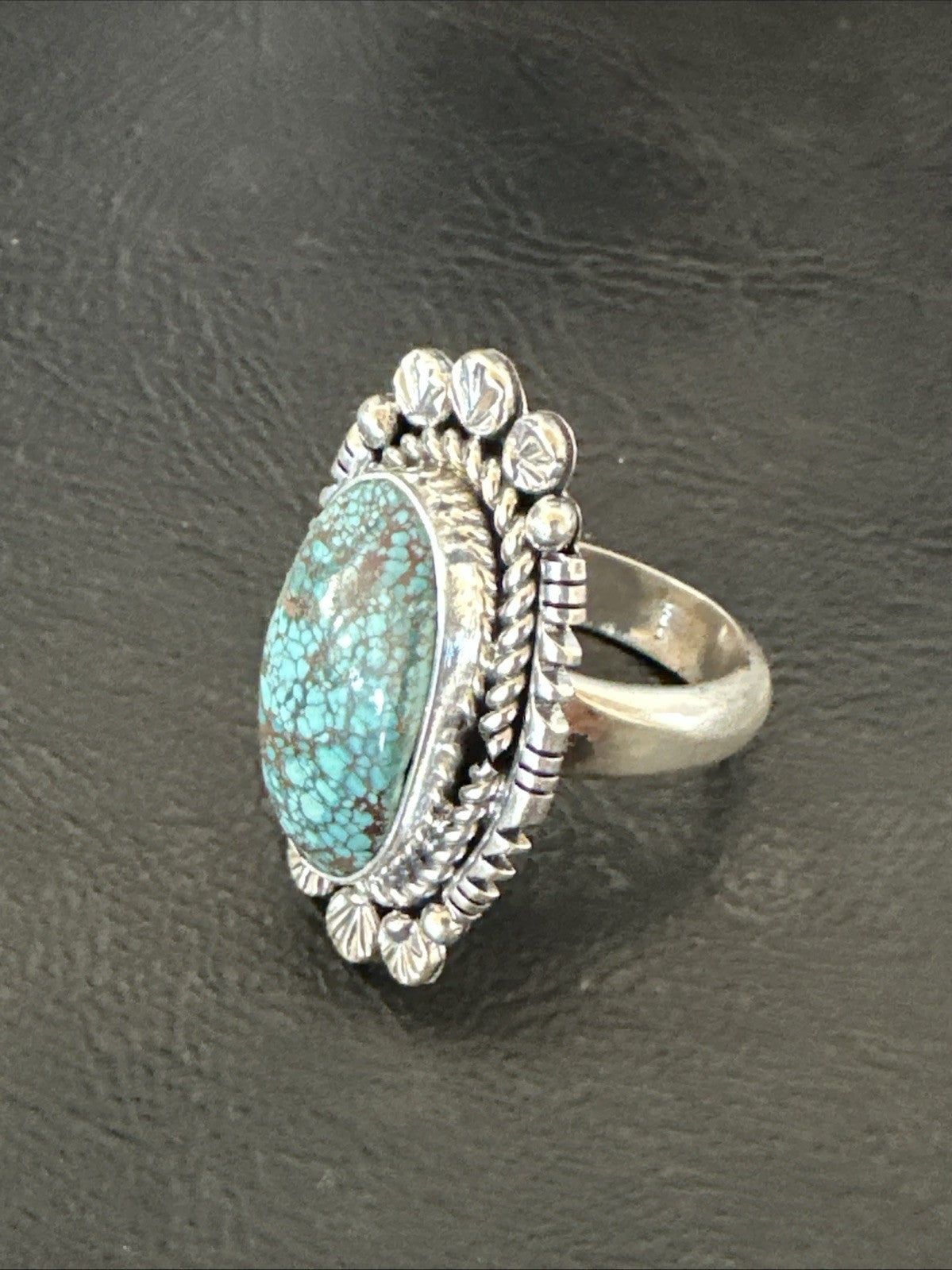 Navajo Sterling Silver Spiderweb Turquoise Adjustable Ring Sz 8 19616