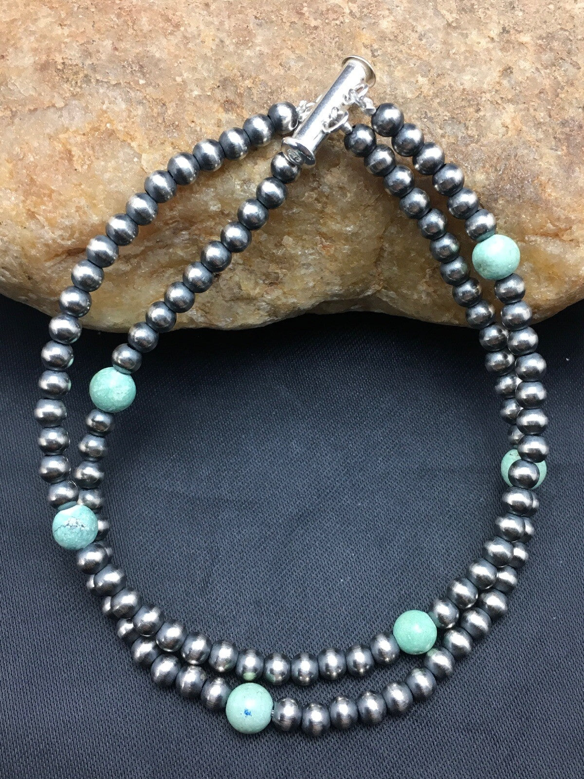 Blue Turquoise Bracelet Navajo Sterling Silver Beads 378