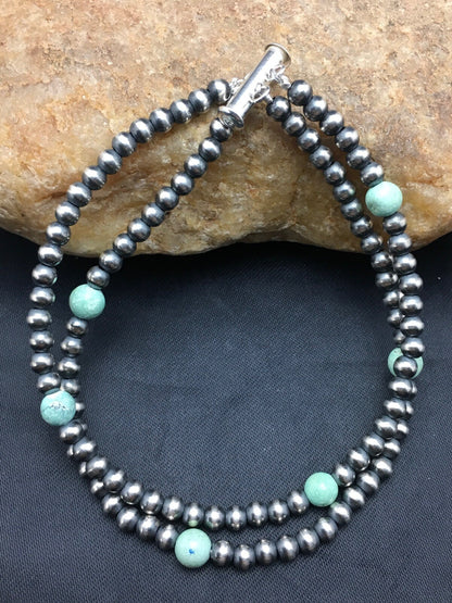 Blue Turquoise Bracelet Navajo Sterling Silver Beads 378