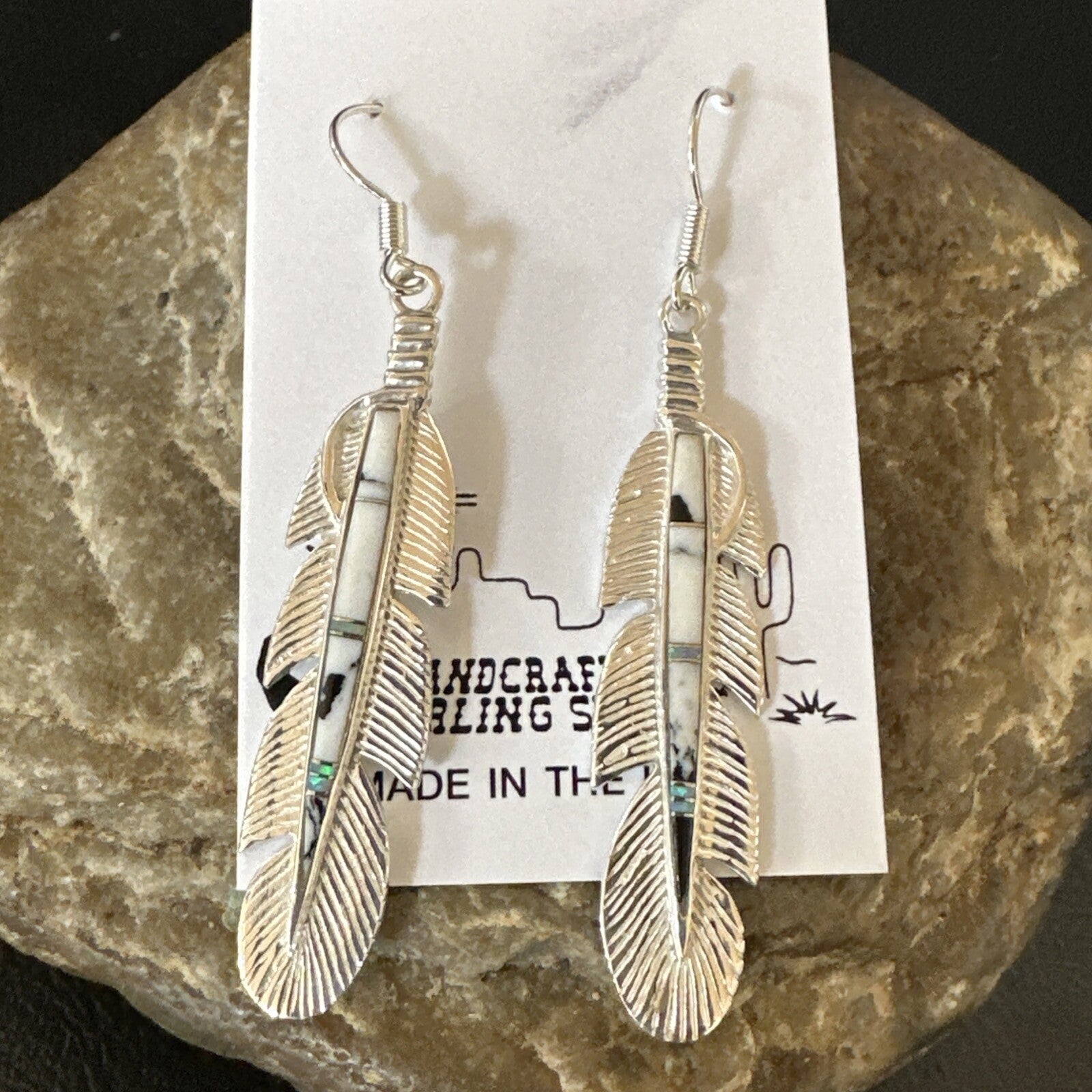 White Buffalo Turquoise Opal Sterling Silver Handmade Feather Earrings 18697
