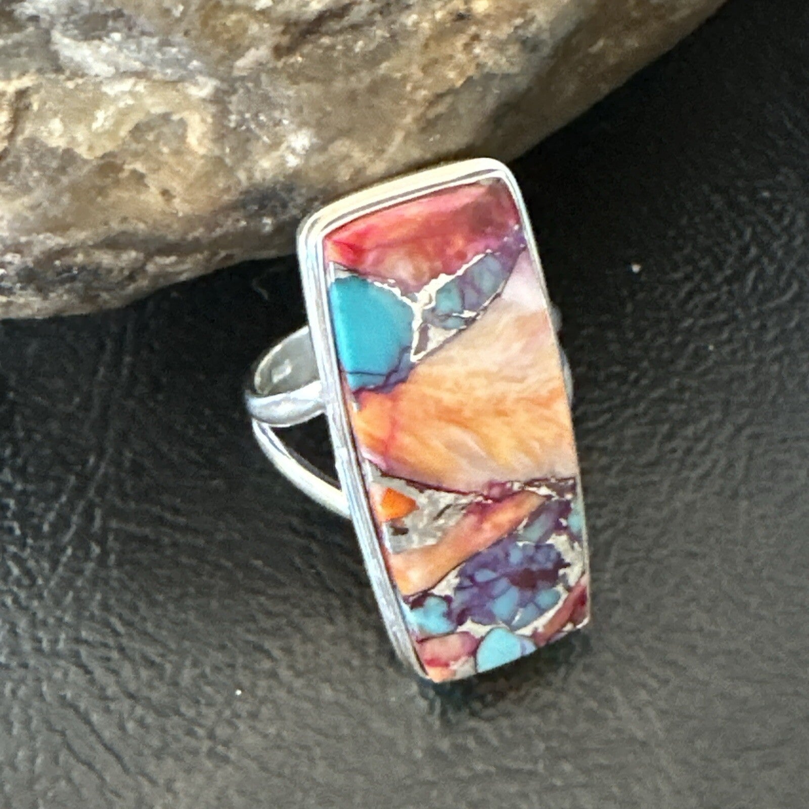 Blue Turquoise Spiny Oyster Southwestern Sterling Silver Ring Size 7 18489