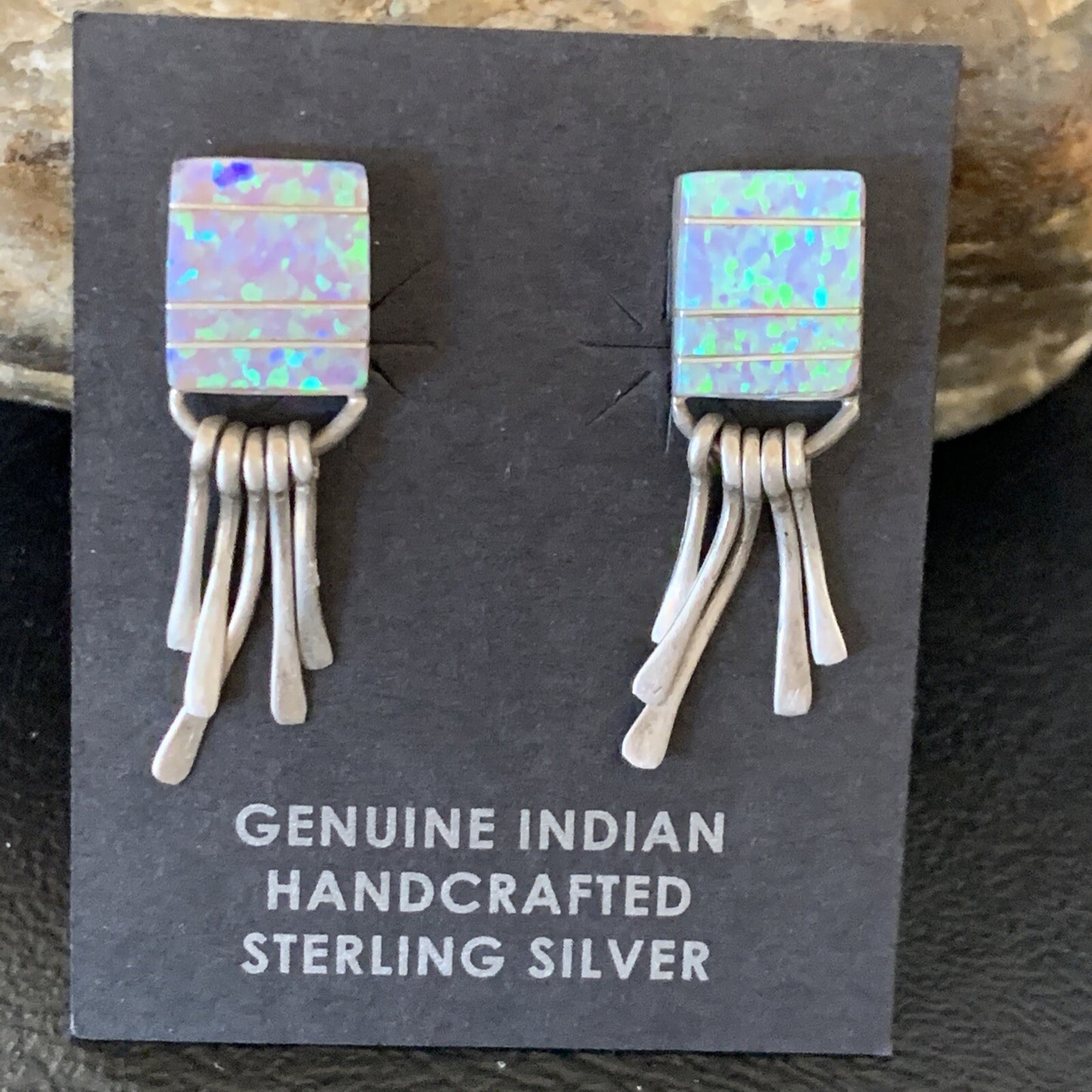Blue Opal Inlay Navajo Sterling Silver Dangle Post Earrings 0.5" 12754