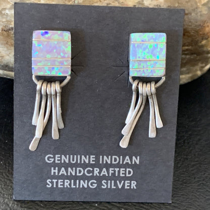 Blue Opal Inlay Navajo Sterling Silver Dangle Post Earrings 0.5" 12754