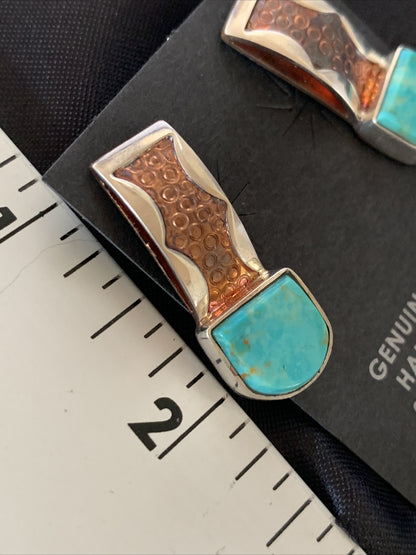 Womens Inlay Earrings Navajo Blue Turquoise Sterling Silver Brass 1" 13106