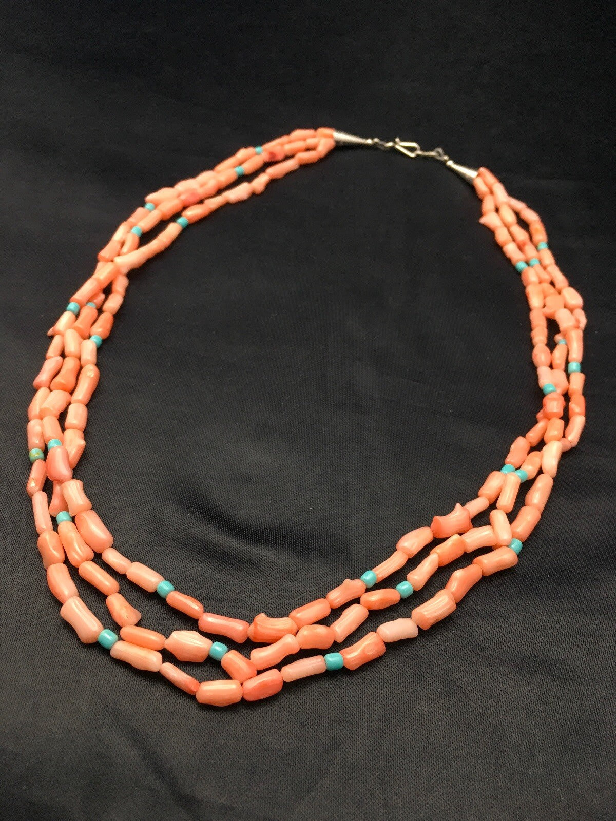 Turquoise & Pink Coral Southwestern Sterling Silver 3 Strand Necklace 04389