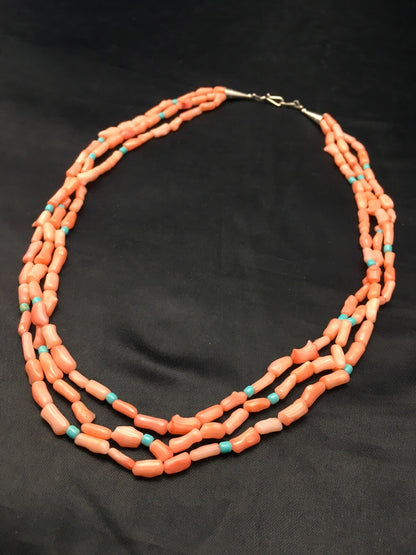 Turquoise & Pink Coral Southwestern Sterling Silver 3 Strand Necklace 04389