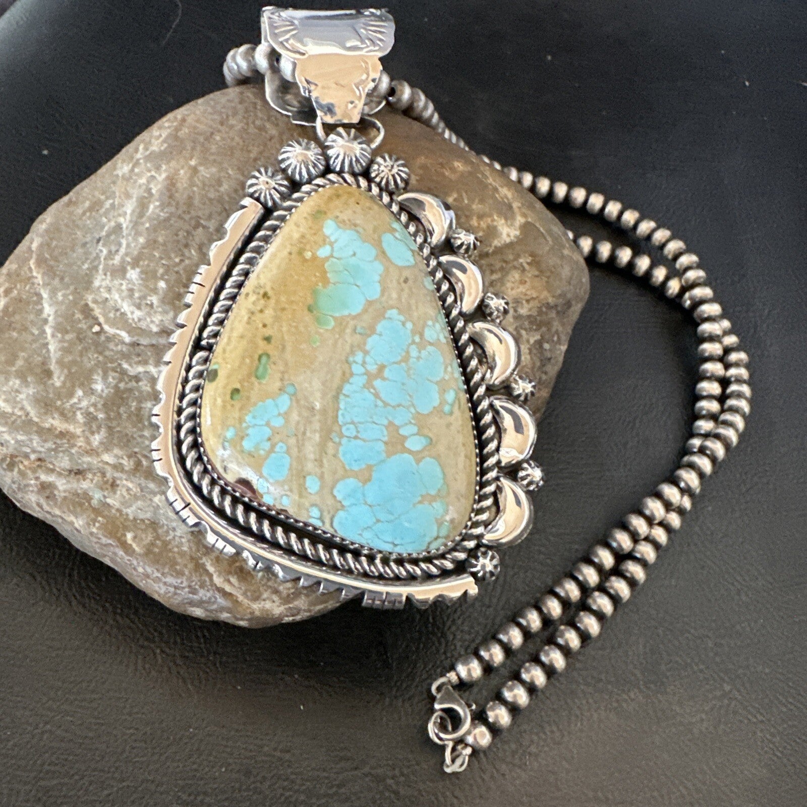 XXL Mens Royston Turquoise Pendant Navajo Pearls Sterling Silver Necklace 18744