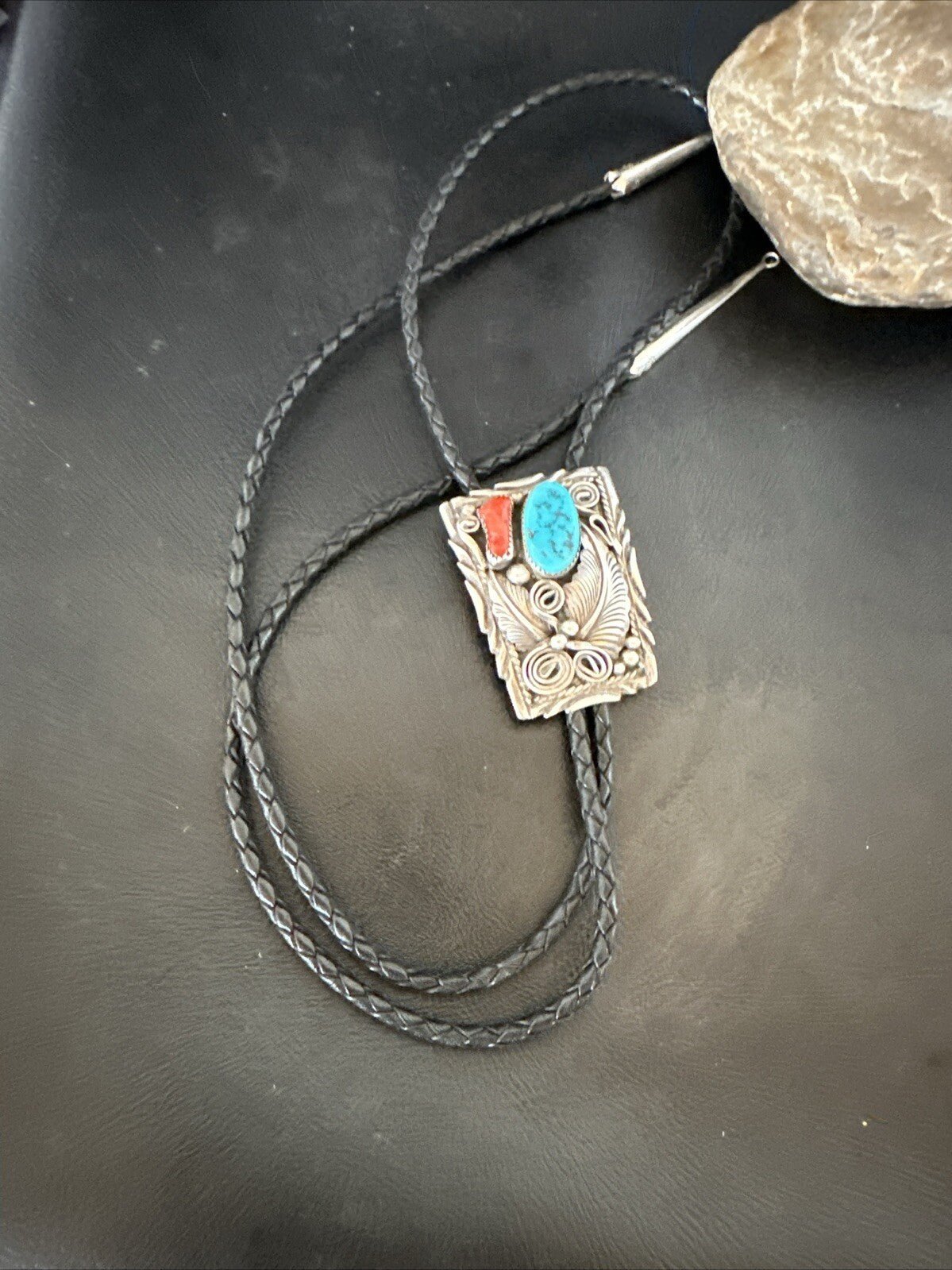 Mens Blue Kingman Turquoise Coral Bolo Tie Sterling Silver Navajo 18168