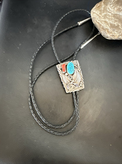 Mens Blue Kingman Turquoise Coral Bolo Tie Sterling Silver Navajo 18168