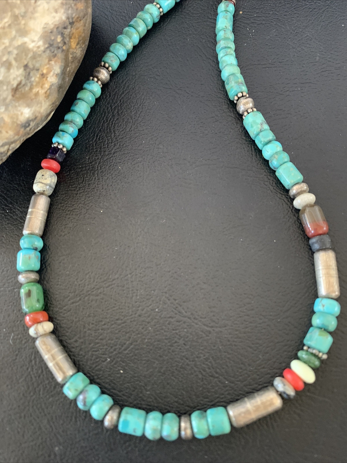 Turquoise Spiny Oyster & Coral Beads Sterling Silver Gold Necklace 10396