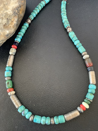 Turquoise Spiny Oyster & Coral Beads Sterling Silver Gold Necklace 10396