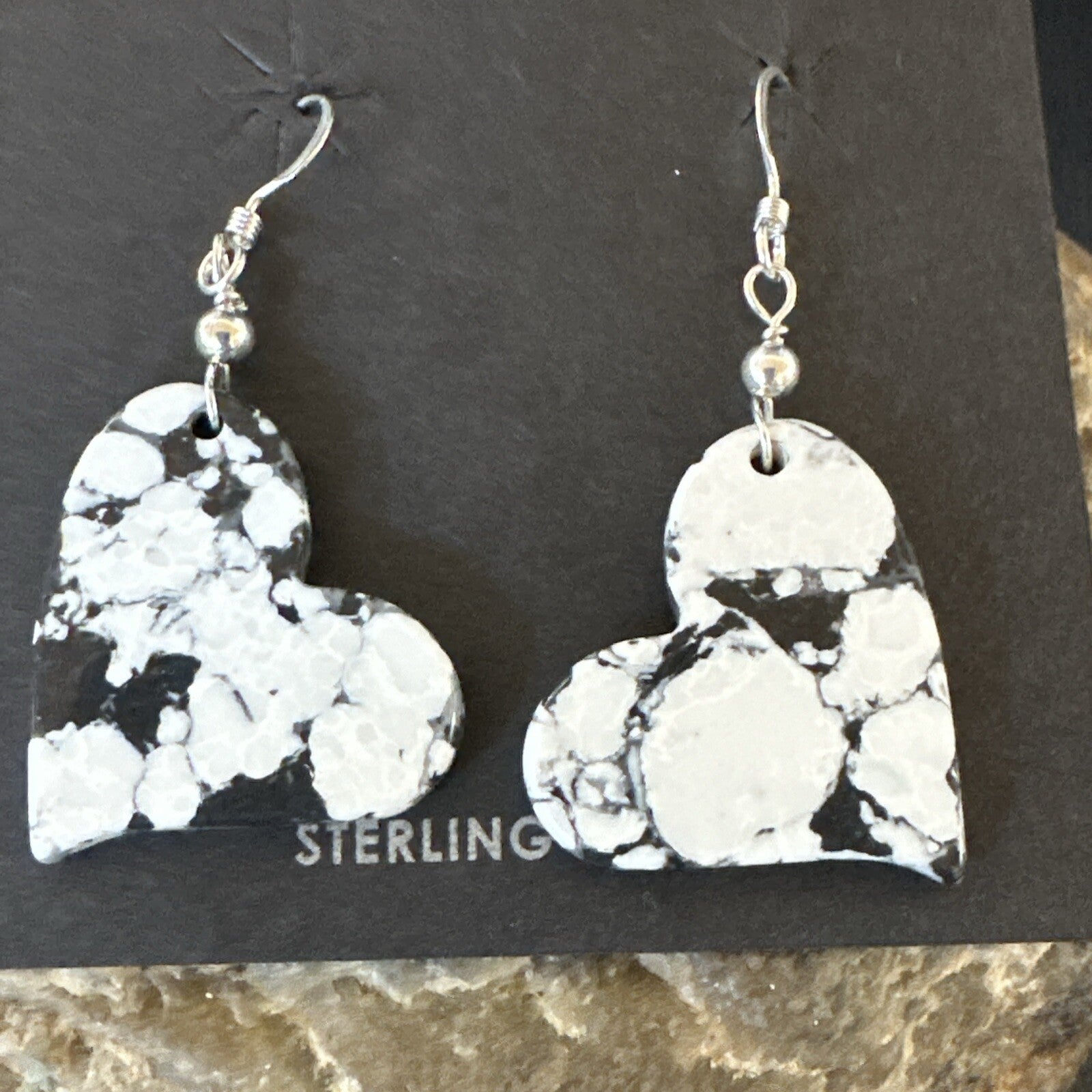 Heart Navajo Slab White Buffalo Turquoise Sterling Silver Earrings 17879