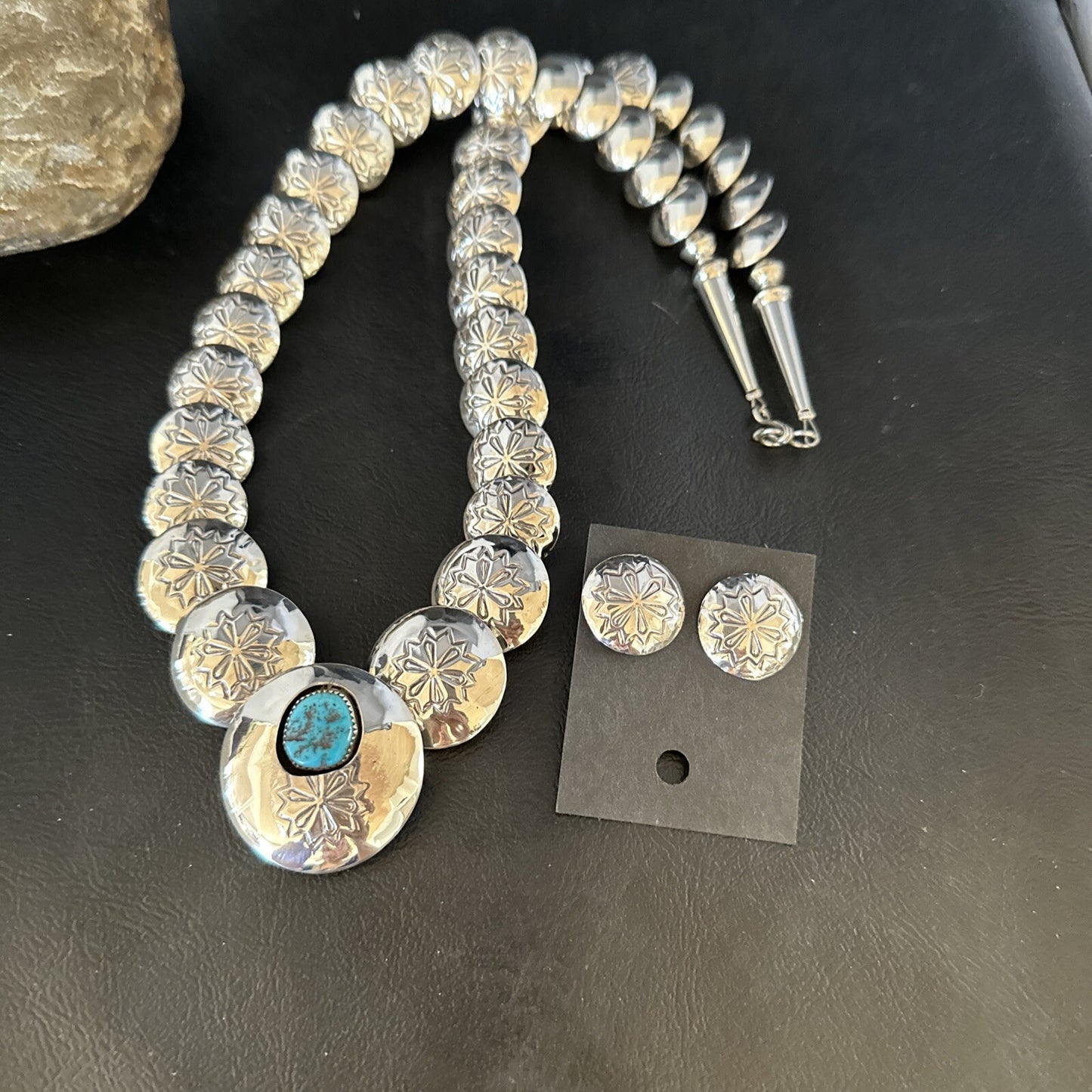 Native Navajo Sterling Silver Turquoise Pillow Stamped Bead Necklace 15132