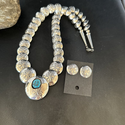 Native Navajo Sterling Silver Turquoise Pillow Stamped Bead Necklace 15132