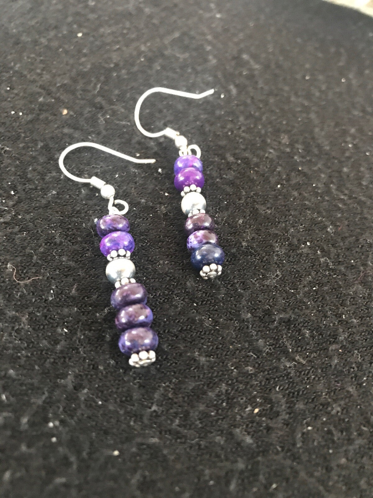 Navajo Purple Stone Sterling Silver Dangle Bead Earrings 1" 10059