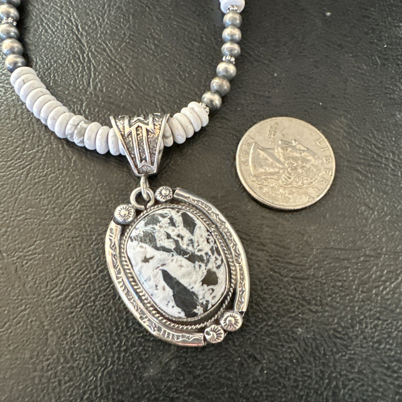 White Buffalo Turquoise Pendant Navajo Pearls Sterling Silver Necklace 20” 19499