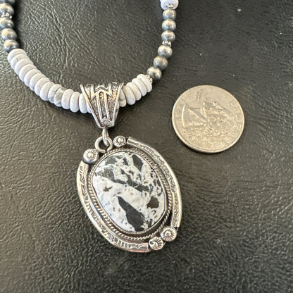 White Buffalo Turquoise Pendant Navajo Pearls Sterling Silver Necklace 20” 19499