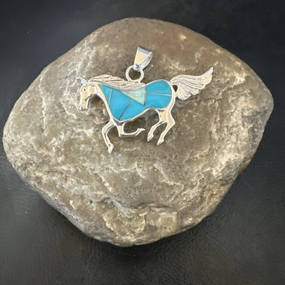 Horse Inlay Southwestern Cowboy Blue Turquoise Sterling Silver Pendant 2” 19160