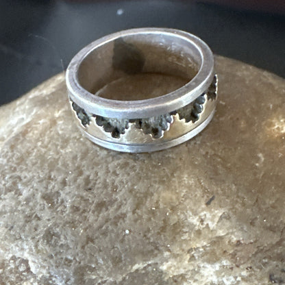 Mens Wedding Band Navajo Stamped 14K Gold Sterling Silver Ring Sz 4 17969
