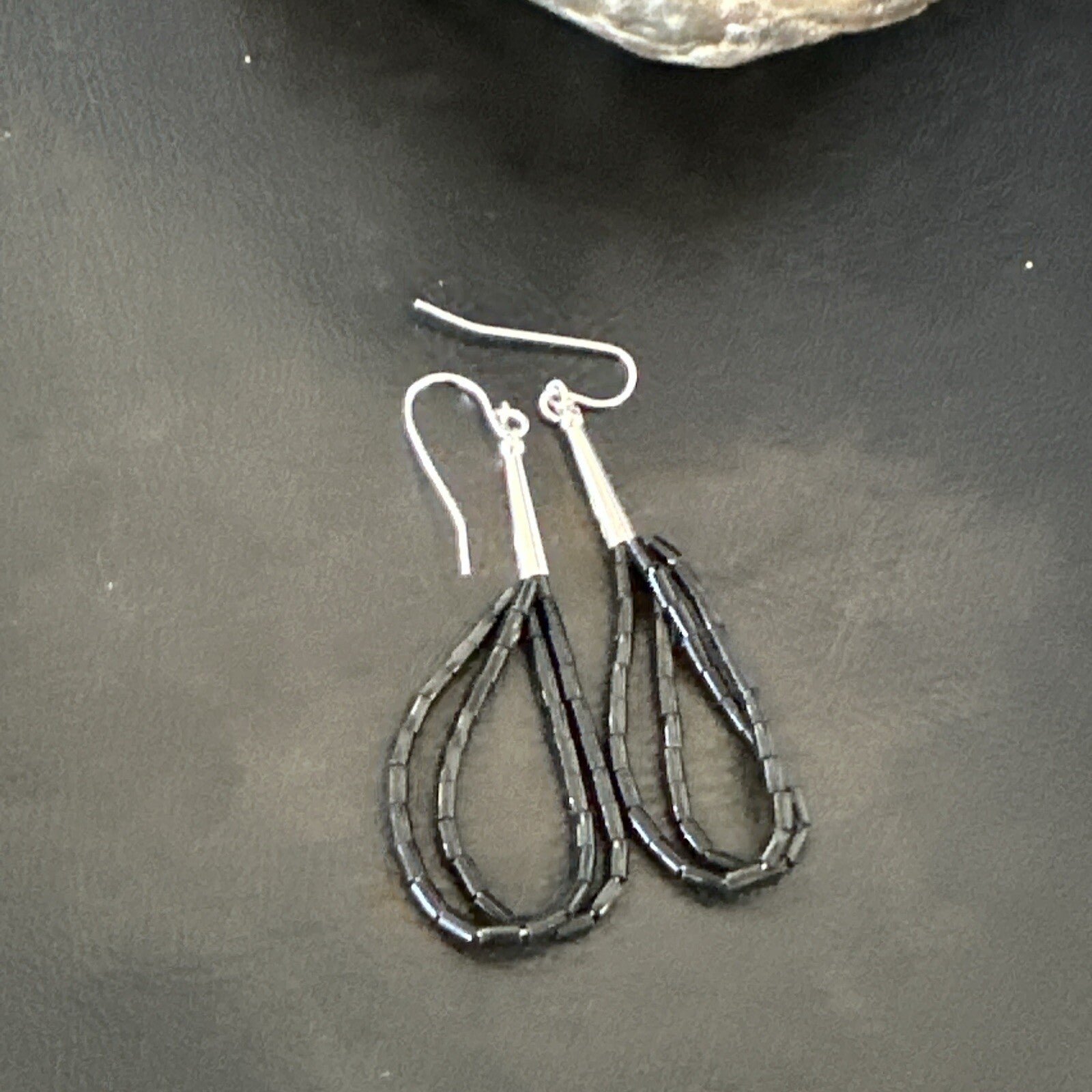Black Onyx Heishi 2S Bead Southwestern Sterling Silver Earrings 2" 18177