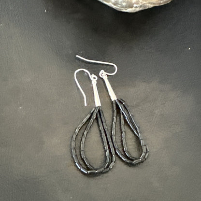 Black Onyx Heishi 2S Bead Southwestern Sterling Silver Earrings 2" 18177