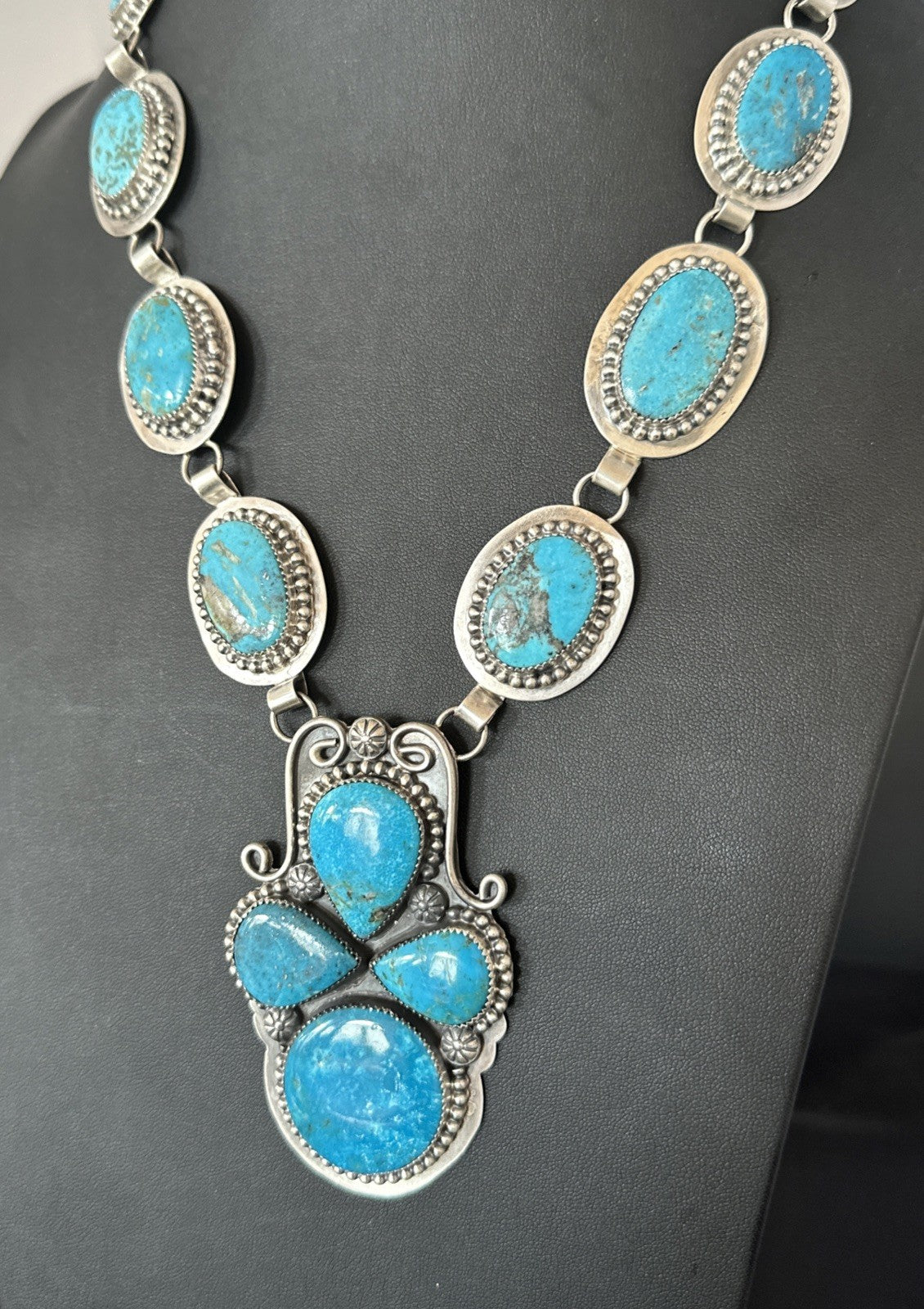 XXL Vintage Kingman Turquoise Navajo Sterling Silver Lariat Necklace 33” 19632