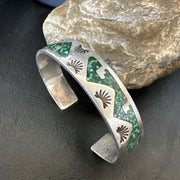 Navajo Old Pawn Handmade Blue Turquoise Chip Inlay Bracelet | Sterling Silver | Authentic Native American Handmade | 18122