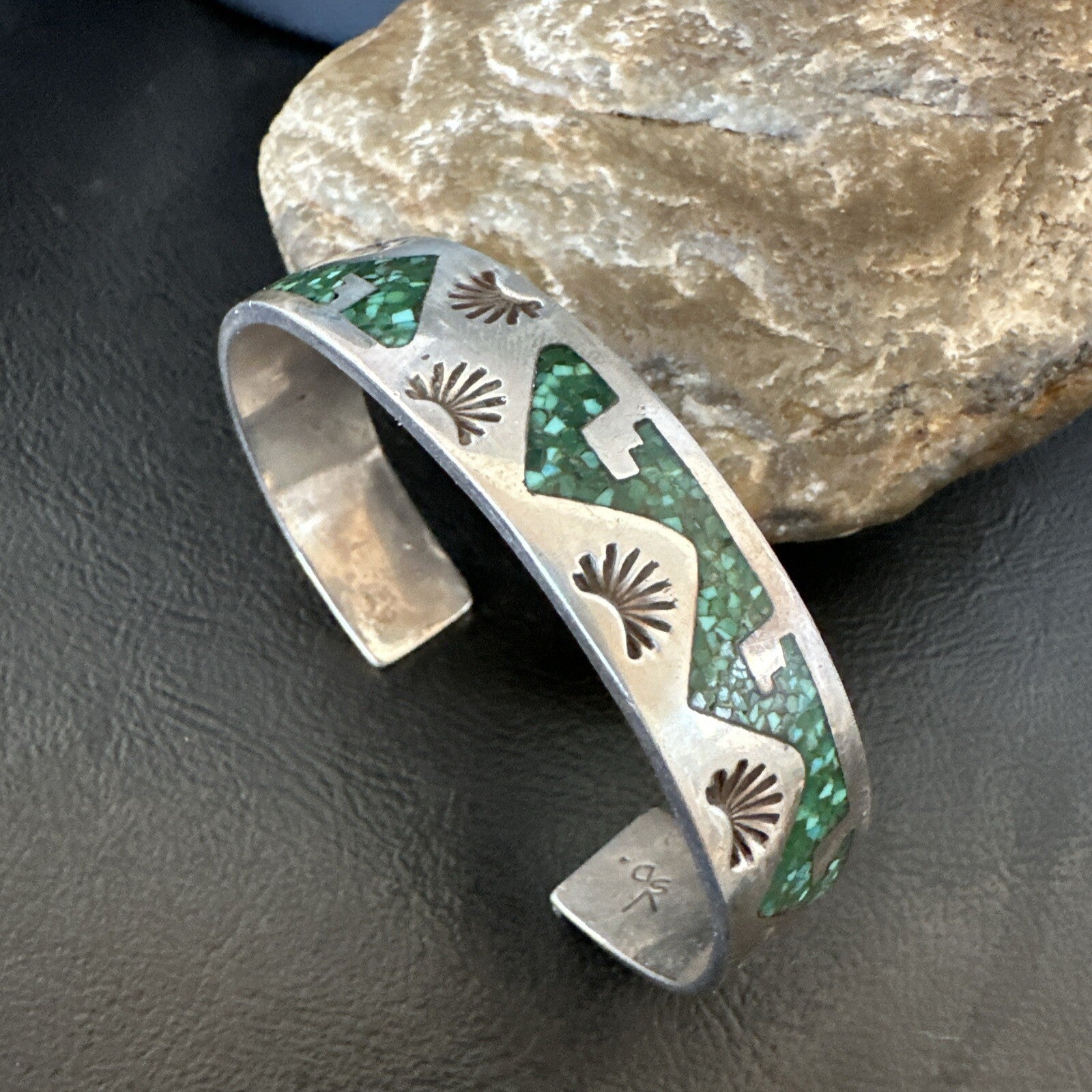 Navajo Old Pawn Sterling Handmade Blue Turquoise Chip Inlay Bracelet 18122
