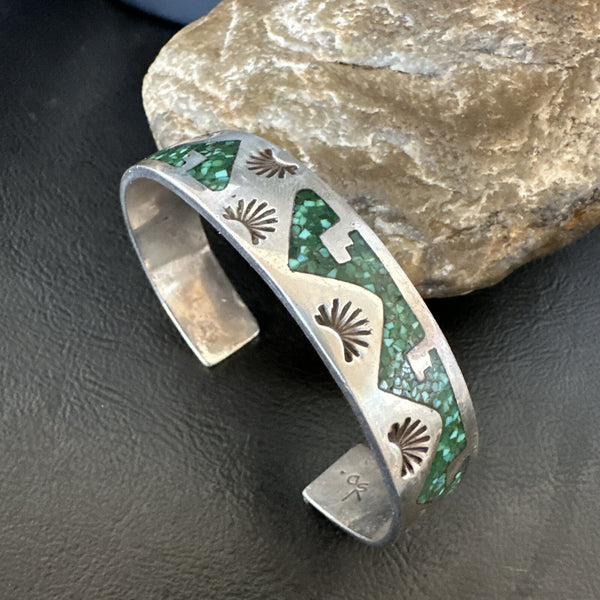 Navajo Old Pawn Handmade Blue Turquoise Chip Inlay Bracelet | Sterling Silver | Authentic Native American Handmade | 18122